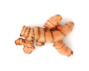 Top view of Turmeric (Curcuma longa Linn) rhizome isolated on white background.