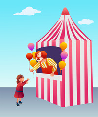 Fair tent with clown flat vector illustration