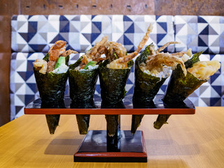 Temaki sushi hand rolls with soft shell crab filling