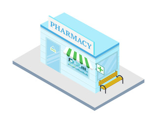 Pharmacy flat vector illustration. Drugstore isolated on white background. Isometric medical building with signboard. Public place facade, drug shop exterior. Pharmaceutical products store.