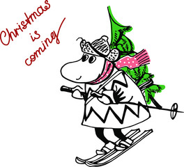  funny fairy tale character skiing rides. Christmas, New Year theme vector illustration. Troll smiles and carries a Christmas tree on his back.