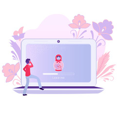 A laptop with an operating system loading screen with an image of a Russian nesting doll. The concept of an independent Russian Internet. Russian software. Vector illustration.