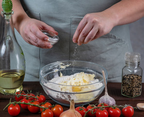 Chef prepare vegetarian homemade pie, Quiche with tomatoes