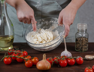 Chef prepare vegetarian homemade pie, Quiche with tomatoes