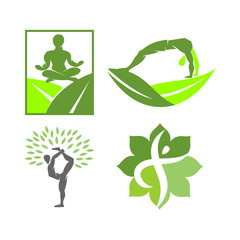 Yoga Leaf logo design emblem meditation vector illustration set