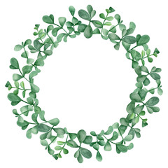 Watercolor round wreath with silver dollar eucalyptus. Hand drawn green plants isolated on white background. Element for wedding invitation, poster, save the date, greeting cards design.