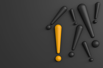 3d rendering of black and yellow Exclamation marks. Attention sign icon. Hazard warning symbol in black background. difference of yellow. Caution, Security, warn. copy space.