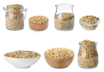 Set of green buckwheat isolated on white