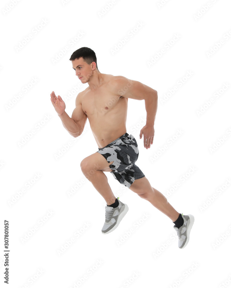 Canvas Prints Athletic young man running on white background, side view