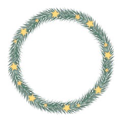 Christmas lush wreath of fir branches decorated with yellow stars of different sizes. Festive wreath on a white background with place for text. Isolated object. Element for design.