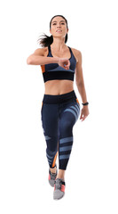 Athletic young woman running on white background
