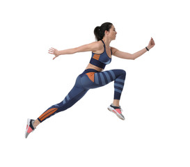 Fototapeta na wymiar Athletic young woman running on white background, side view