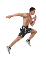 Athletic young man running on white background, side view