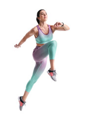 Athletic young woman running on white background