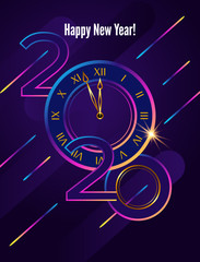 Poster 2020 happy new year. Christmas flying sparks on dark background. Background Modern futuristic style with chaotic rainbow stripes. for design card or banner.