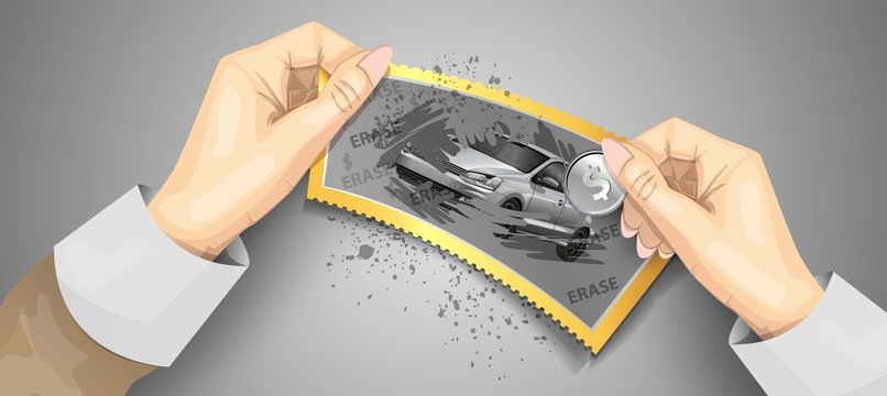 Scratch lottery ticket template. Scratch lottery in hands isolated. Jackpot template advertising. A hand scratching a lottery coins. Realistic vector illustration