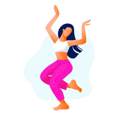Happy dancing girl or woman dancing in fitness studio vector illustration. Morning dance. Aerobic fitness dance. 
