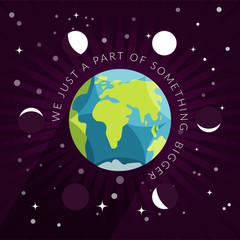 Cartoon styled Earth globe with Moon phases on starry dark space. Conceptual vector illustration on sacred geometry theme