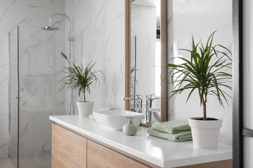 Large mirror and vessel sink in bathroom