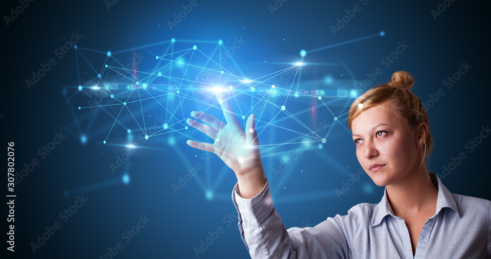 Poster woman touching hologram screen displaying modern web system