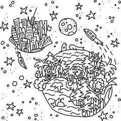 Vector illustration with an image of the concept of the planet of the future. Fantasy drawing of nature, ecology, city, space. Suitable for children and decor.