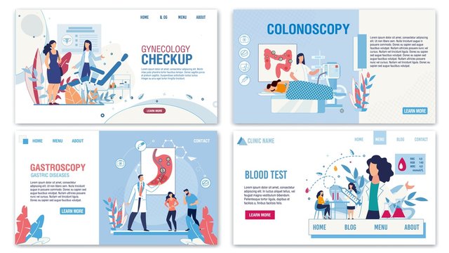 Online Healthcare Services Flat Landing Page Set. Gynecology For Women Health Protect. Colonoscopy, Gastroscopy, Blood Test For Disease Preventing And Treatment. Vector Cartoon Illustration