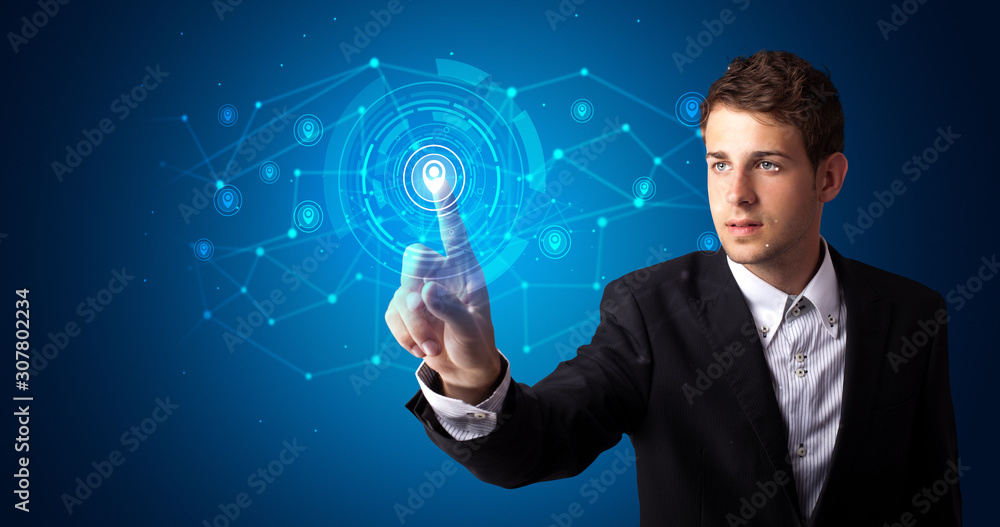 Aufkleber Man touching hologram screen displaying keys and locks