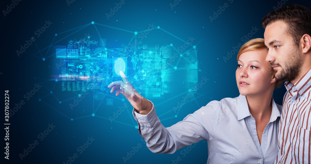 Poster man and woman accessing modern hologram personal database with fingerprint identification