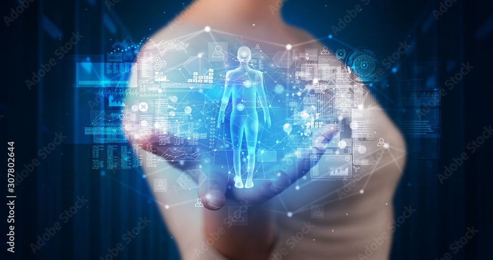 Poster young person holding hologram projection displaying health related graphs and symbols