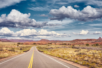 Fototapeta na wymiar Scenic road in Canyonlands National Park, color toning applied, Utah, USA.