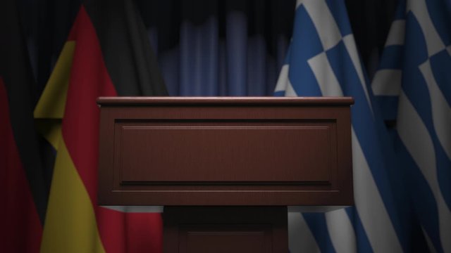 Flags of Germany and Greece and speaker podium tribune. Political event or negotiations related conceptual 3D animation