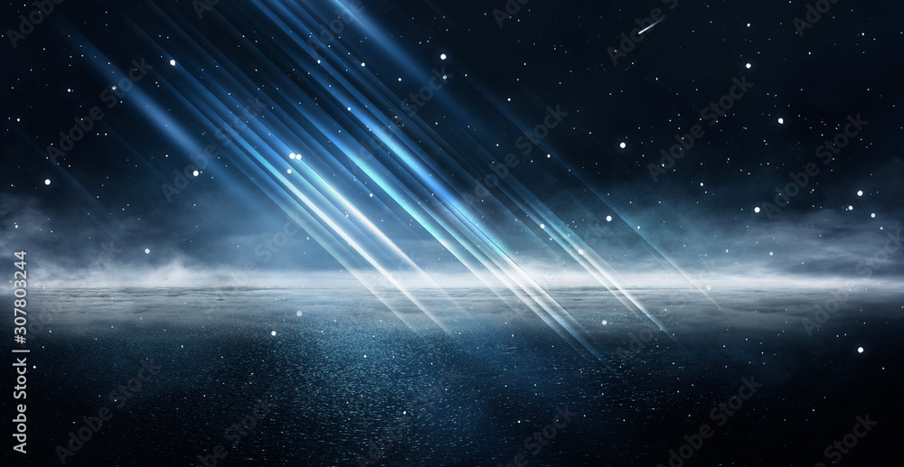 Wall mural empty night nature scene. the night starry sky, the rays of the blue neon spotlight. snowy winter ni