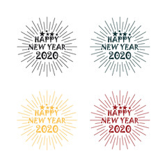 Happy 2020 New Year. Holiday Vector Illustration With Lettering Composition And Burst. Vintage festive label
