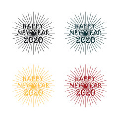 Happy 2020 New Year. Holiday Vector Illustration With Lettering Composition And Burst. Vintage festive label