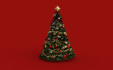 Decorated Green Christmas Tree with Red Patchwork Ornament Artificial Star Hearts Presents for New Year Isolated on Red Background, 3d Illustration 