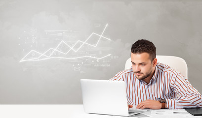 Business person sitting at desk with financial change, and report making concept