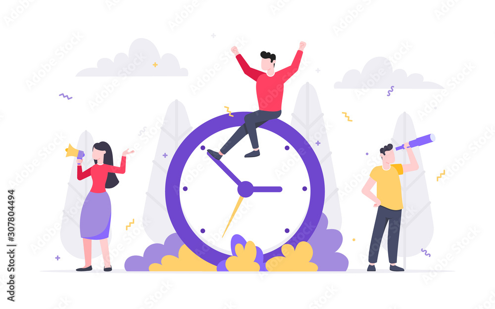 Poster tiny people characters working together teamwork and time management concept flat style design vecto