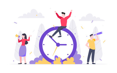 Tiny people characters working together teamwork and time management concept flat style design vector illustration isolated white background.