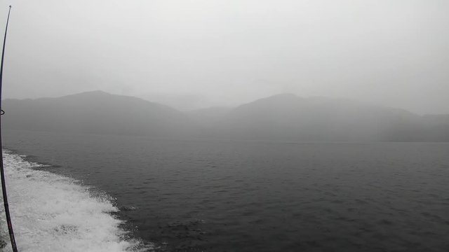 View from the boat on the shores of lake Teletskoye on a rainy autumn day