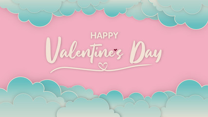 Sweet Vanilla Happy Valentine's day text on pink background around with pastel paper cut style cloud.