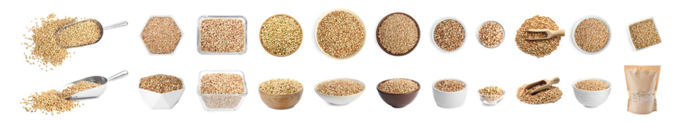 Set of green buckwheat isolated on white. Banner design