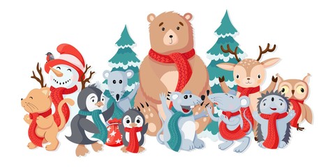 Vintage cute comic cartoon animals crowd merry Christmas colorful art
