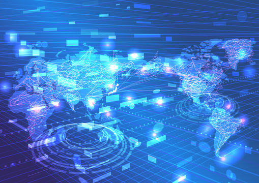 世界のネットワーク網と青のサイバーデジタル背景素材イメージ
