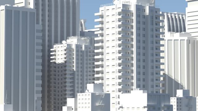 3d render of realistic city buildings in bright light with shadows. Detailed models.