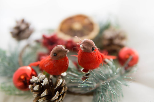 Christmas card red birds on the xmas wreath 