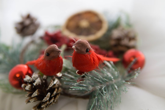 Christmas card red birds on the xmas wreath 