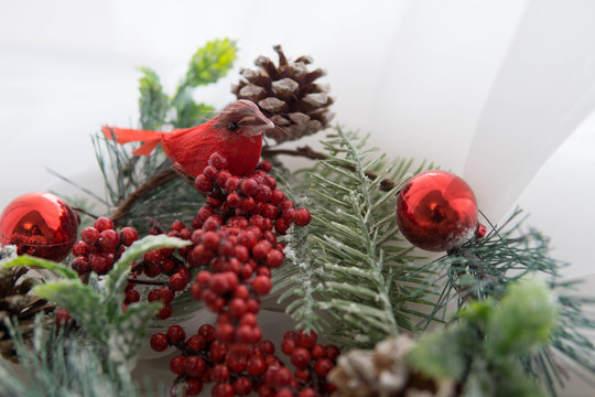 Christmas card red birds on the xmas wreath 