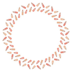 Round frame of of face serums in bottles with dispensers and aroma oil vials with pipettes drawn in one lines with a pastel colored substrates on a white background. For text and flayer. Vector.