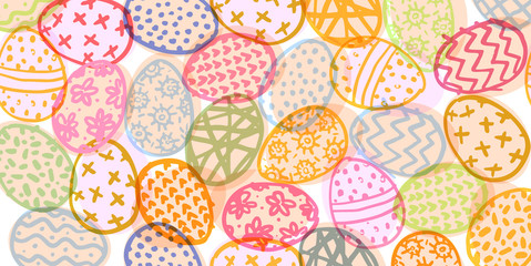 A modern universal Easter pattern of decorated eggs. Colorful doodle illustration with place for text. Holiday banner. Flat vector isolated on a white background