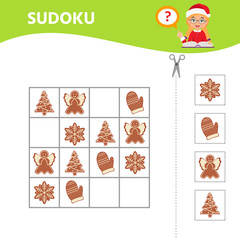 Game for the development of logical thinking of children.Christmas gingerbread cookies. Sudoku. Kids activity page for book. Vector illustration